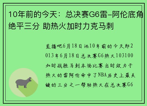 10年前的今天：总决赛G6雷-阿伦底角绝平三分 助热火加时力克马刺