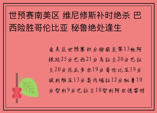 世预赛南美区 维尼修斯补时绝杀 巴西险胜哥伦比亚 秘鲁绝处逢生