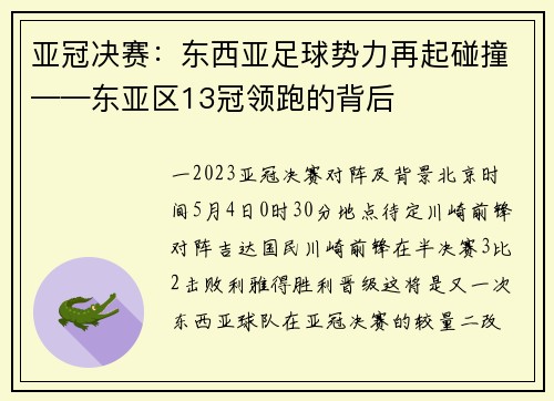 亚冠决赛：东西亚足球势力再起碰撞——东亚区13冠领跑的背后