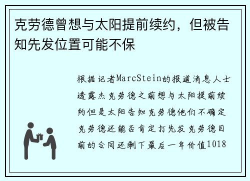 克劳德曾想与太阳提前续约，但被告知先发位置可能不保